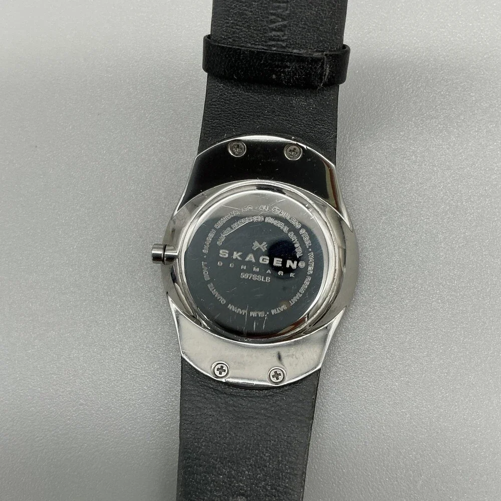 Skagen 597SLB Womens Watch 30mm Black Dial Leather Date Stainless New Battery